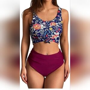 Zayful Floral Print Women's Swim Top and Burgundy Bottom New In Package